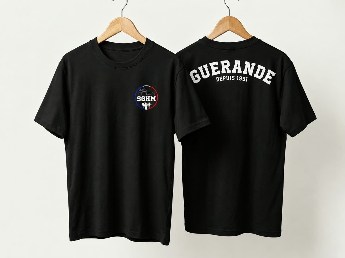 T-shirt Classique SGHM noir, face et dos : logo du club sur le cœur, « Guérande depuis 1991 » dans le dos