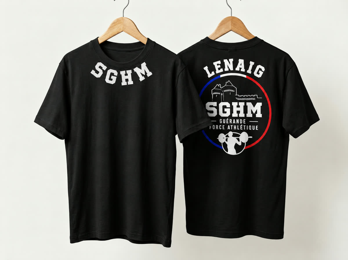 T-shirt Compétition SGHM noir, face et dos : SGHM sur l'encolure, écusson Force Athlétique dans le dos